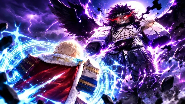 Cinematic Beat the Anime Boss battle artwork: a glowing knight facing a winged purple demon under lightning. Used as the community backdrop for the Beat the Anime Boss Discord and developer community section